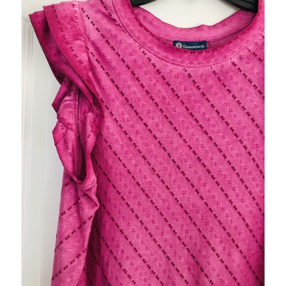 DEMOCRAY WOMEN'S TOP PULLOVER CREW NECK DOBLE RUFLE CAP SLEEVE PURPLE PERFORATED - Picture 4 of 6